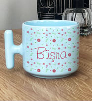 Kişiye Özel İsim Yazılı Hediye Pastel T Kupa Çiçek Desenli -5- (Mavi)