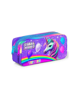 Coral High Kids Mor Pembe Simli Unicorn Desenli İki Bölmeli Kalem Çantası 12073