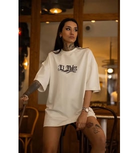 Unisex Bisiklet Yaka Baskılı Oversize T-Shirt - Beyaz