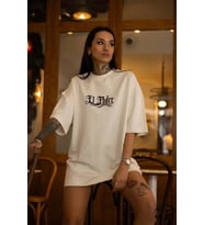 Unisex Bisiklet Yaka Baskılı Oversize T-Shirt - Beyaz
