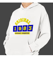 Kişiye Özel Sarı Lacivert İsim Tarih Baskılı Kapşonlu Beyaz Unisex Sweatshirt HK2371