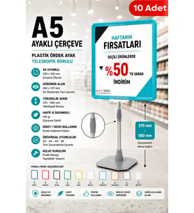 10 Adet - A5 Ayaklı Çerçeve Seti Plastik Ördek Ayak Teleskopik Borulu Fiyat Etiketliği Yönlendirme Levhası Menü Panosu Turkuaz