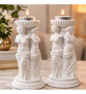 Üç Güzeller Tealight Mumluk Seti 2'li, 16 cm Taş Tozu Beyaz Heykel Mumluk, antik Mitoloji Ev Dekoru