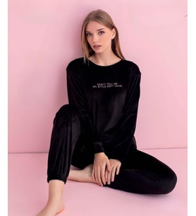 Pijamerry Kadın Kışlık Bisiklet Yaka Kadife Pijama Takımı 3050S - 1 Adet (Siyah)