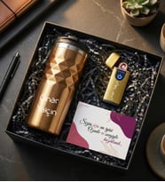 Kişiye Özel Gold Geometrik Termos Bardak 300mL. & Sarı USB Alevsiz Elektrikli Çakmak & Not Hediye Seti