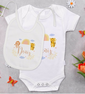 BK Kids Kişiye Özel İsimli Bebek Body Zıbın ve Mama Önlüğü Hediye Seti - Model 31