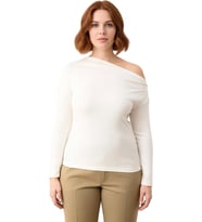 Kadın Ekru Viskon Ribana Basic Bluz Asimetrik Yaka Cool & Comfort Tarzı ile İlkbahar ve Sonbahar