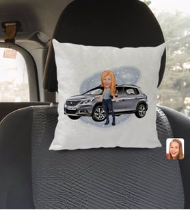 BK Gift Kişiye Özel Plakalı Kadın Peugeot 2008 Karikatürlü Kare Araç Koltuk Yastığı-1