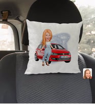 BK Gift Kişiye Özel Plakalı Kadın Volkswagen Polo Karikatürlü Kare Araç Koltuk Yastığı-2