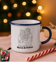 BK Gift Kişiye Özel İsimli Line Art Çizimli Lacivert Emaye Kupa Bardak -1, Arkadaşa Hediye, Sevgiliye Hediye