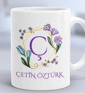 Kişiye Özel Çiçekli Ç Harfli Hediye Kupa Bardak İsim Soyisim Yazılı (Beyaz)