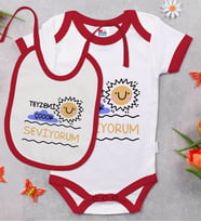 BK Kids Teyzemi Çok Seviyorum Tasarımlı Kırmızı Bebek Body Zıbın ve Mama Önlüğü Hediye Seti-1