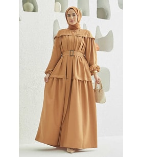 6567-Carla Büzgülü Elbise Camel