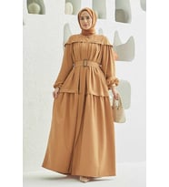 6567-Carla Büzgülü Elbise Camel