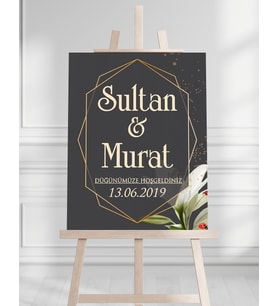 Söz Nişan Düğün İçin 50x70 Karşılama Panosu - Siyah ve Gold Çiçek Temalı 09