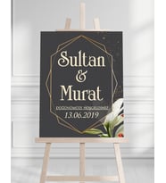 Söz Nişan Düğün İçin 50x70 Karşılama Panosu - Siyah ve Gold Çiçek Temalı 09