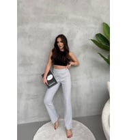 Kadın Gri Yüksek Bel Fitilli Bol Paça Günlük İnce Eşofman Altı Pijama