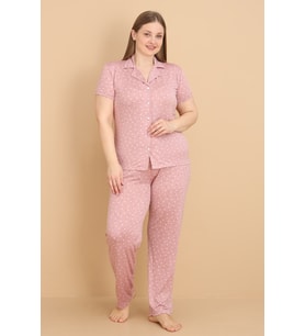 Mirano 2852 Minik Kalpli Milan Kumaş Kısa Kollu Düğmeli Büyük Beden Kadın Pijama Takımı
