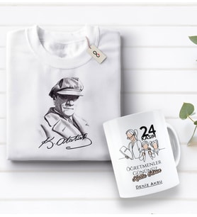 BK Gift Kişiye Özel Öğretmenler Günü Tasarımlı Kupa Bardak ve Atatürk Baskılı Tişört Hediye Seti- 1-18, Öğretmene Hediye, Öğretmenler Günü, 100. Yıl Hediyesi