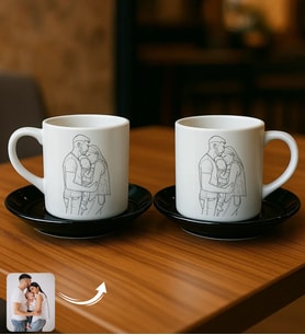 BK Gift Kişiye Özel Line Art Tasarımlı 2'li Siyah Tabaklı Türk Kahvesi Fincanı-1, Arkadaşa Hediye, Sevgiliye Hediye, Eşe Hediye
