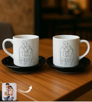 BK Gift Kişiye Özel Line Art Tasarımlı 2'li Siyah Tabaklı Türk Kahvesi Fincanı-1, Arkadaşa Hediye, Sevgiliye Hediye, Eşe Hediye