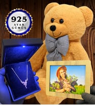 Size Özel Premium Set Büyük Boy Kahve Peluş Ayıcık ve Gerçek 925 Ayar Gümüş Kolye (Model 4)
