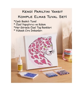 Taşlı Elmas Mozaik Tuval Seti - Pembe Kalpli Leopar