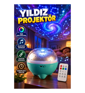 Bluetooth Hoparlörlü Döner Yıldız Projektör RGB Gece Lambası – Uzaktan Kumandalı, Renk Değiştirme ve