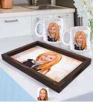BK Gift Kişiye Özel Kadın Karikatürlü Doğal Ahşap Tepsi ve 2’li Kupa Bardak Seti-75