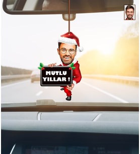 Kişiye Özel Karikatürlü Yılbaşı Temalı Ahşap Araba Dikiz Ayna Süsü