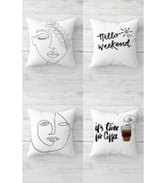 Line Art Hello Weekend Coffee Time Gizli Fermuarlı Kırlent Kılıfı Koltuk Yastık Kılıfı Takım(4adet) (Beyaz)