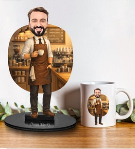 Kişiye Özel Erkek Barista Tasarımlı Karikatür Biblo Ve Kupa Hediye Seti 320