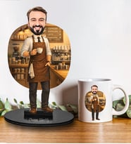 Kişiye Özel Erkek Barista Tasarımlı Karikatür Biblo Ve Kupa Hediye Seti 320