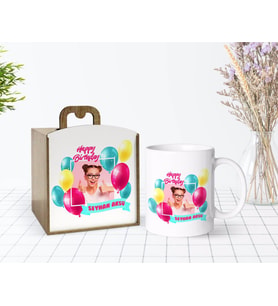 BK Gift Kişiye Özel Ahşap Kutuda Fotoğraflı Doğum Günü Tasarımlı Beyaz Kupa Bardak-1