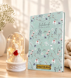 Kişiye Özel Şık Defter ve LED Işıklı Beyaz Melekli Fanus Hediye Seti
