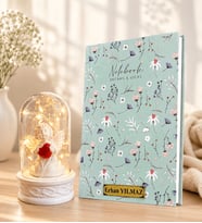 Kişiye Özel Şık Defter ve LED Işıklı Beyaz Melekli Fanus Hediye Seti