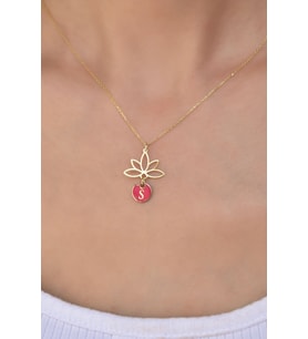 925 Ayar Gümüş Kırmızı Mineli S Harf Lotus Çiçeği Kolye