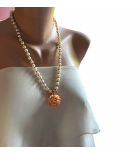 El Yapımı İnci ve Pudra Çiçekli Kolye, (Pembe)