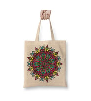 Mandala Renkli Hat Sanatı 01 Beyaz Bez Çanta Uzun Saplı Alışveriş Çantası Plaj Çantası