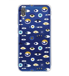 PrintiFy Samsung Galaxy M10 ile Uyumlu Nazar Boncuğu 2 Baskılı Kamera Korumalı Şeffaf Silikon Kılıf