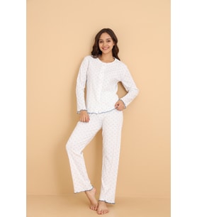 Mirano 8455 Pointel Kumaş Boydan Düğmeli Günlük Çiçekli Kadın Pijama Takımı (Beyaz)