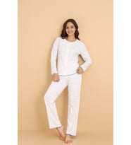 Mirano 8455 Pointel Kumaş Boydan Düğmeli Günlük Çiçekli Kadın Pijama Takımı (Beyaz)