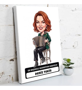Akordiyon Sanatçısına Hediye Kadın Karikatürlü Kanvas Tablo