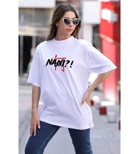 Unisex Bisiklet Yaka Baskılı Oversize T-Shirt - Beyaz