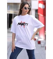 Unisex Bisiklet Yaka Baskılı Oversize T-Shirt - Beyaz