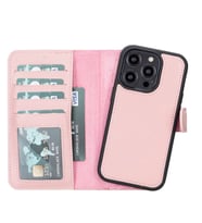 Apple iPhone 14 Pro Uyumlu Deri Cüzdanlı Kılıf MWWN NU2 Pembe