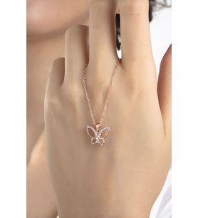 Kadın Orjinal 925 Ayar Gümüş Zirkon Taşlı Kelebek Model Kolye (Rose)