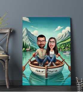 BK Gift Kişiye Özel Teknede Oturan Çift Karikatürlü Kanvas Tablo-1, Sevgiliye Hediye, Sevgililer Günü Hediyesi