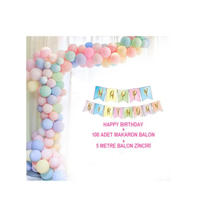 100 Makaron Pastel Balon Seti +happy Bırthday Yazısı Makaron + 5 Metre Balon Zinciri