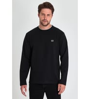 Erkek Siyah Çift Bisiklet Yaka Baskı Detaylı Standart Rahat Kesim Sweatshirt